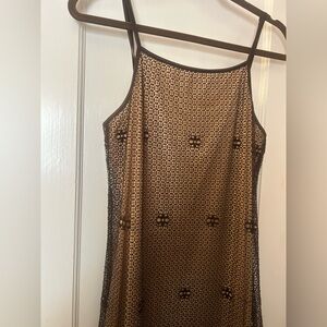 Vintage Express Brown Crochet Tan Slip Spaghetti Strap Maxi  Dress Size 9/10